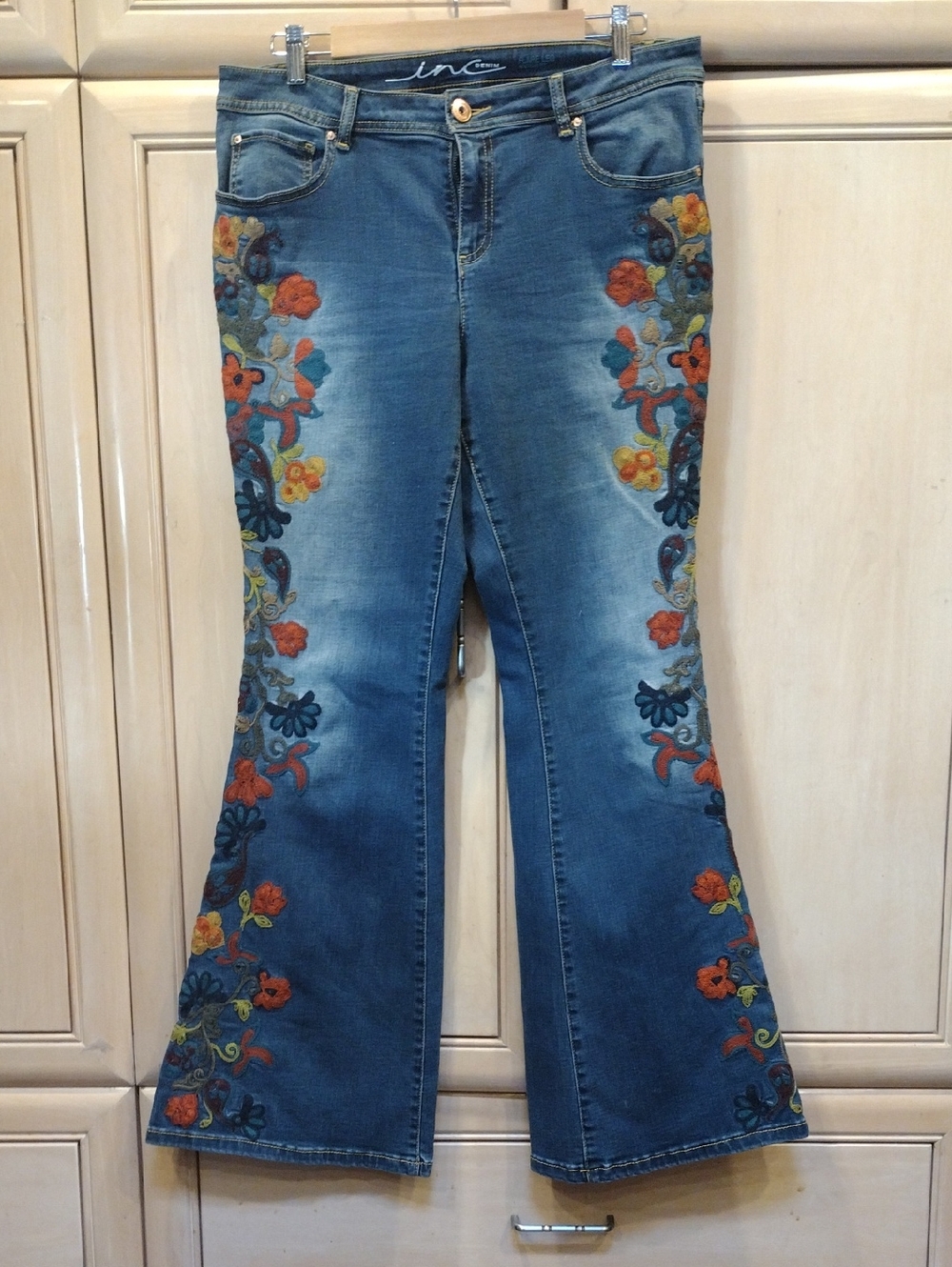 INC International Concepts Blue Floral Embroidered Flare Jeans